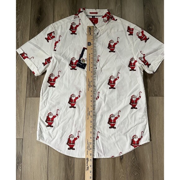 Denim Flower Button Up Shirt Mens L White Santa Claus Christmas Happy Holiday - Picture 9 of 10